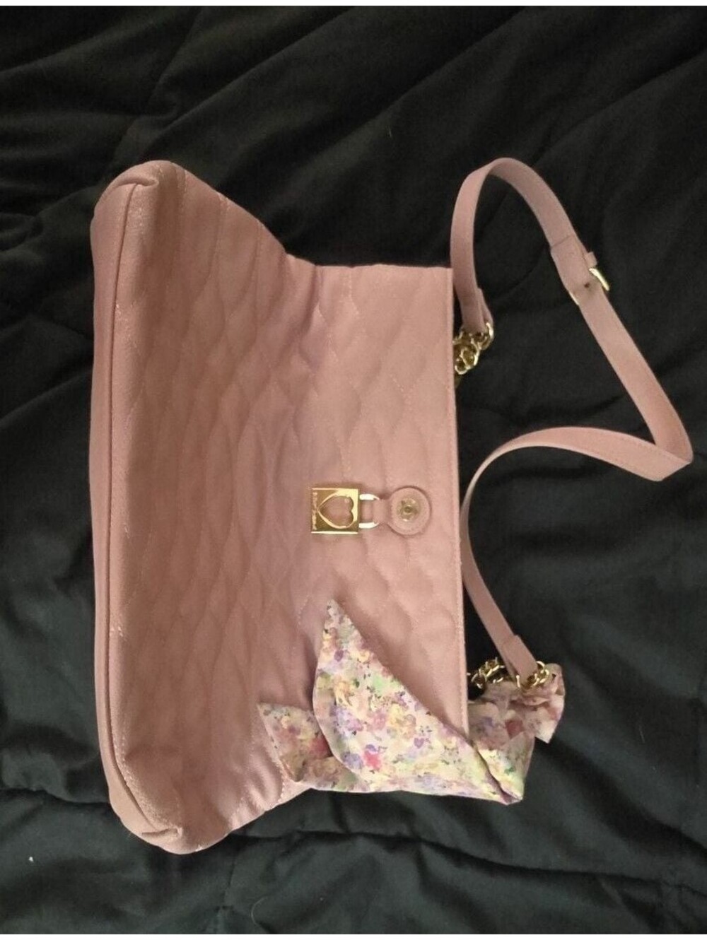 Betsey Johnson Pink Quilted Shoulder Bag Gold Chain Floral Bow